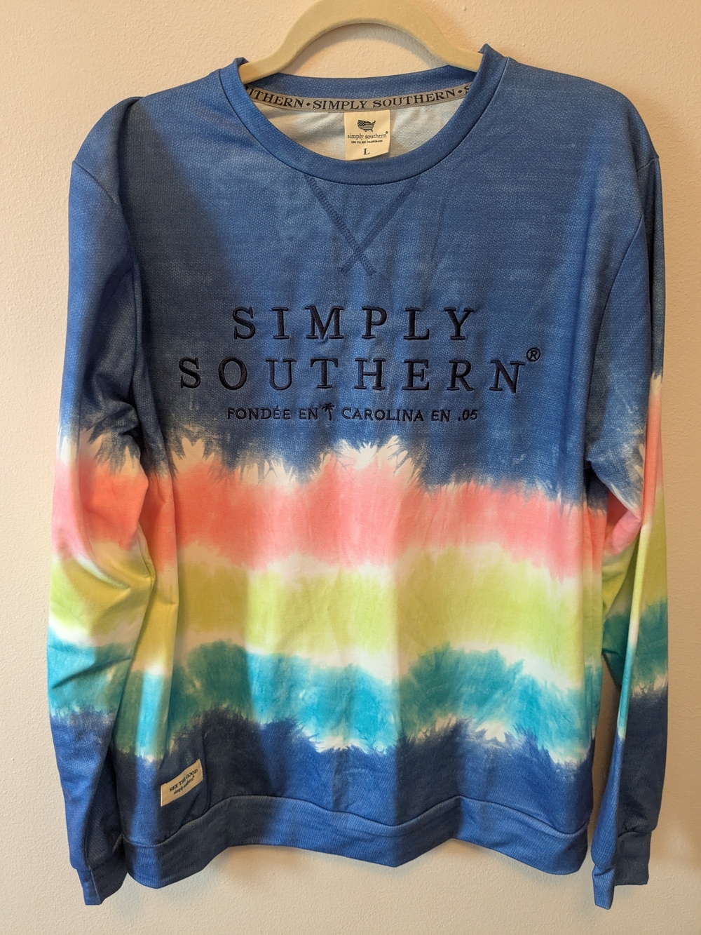 Simply Southern Blue Tie-Dye Crewneck with Coral, Lime & Teal Bands